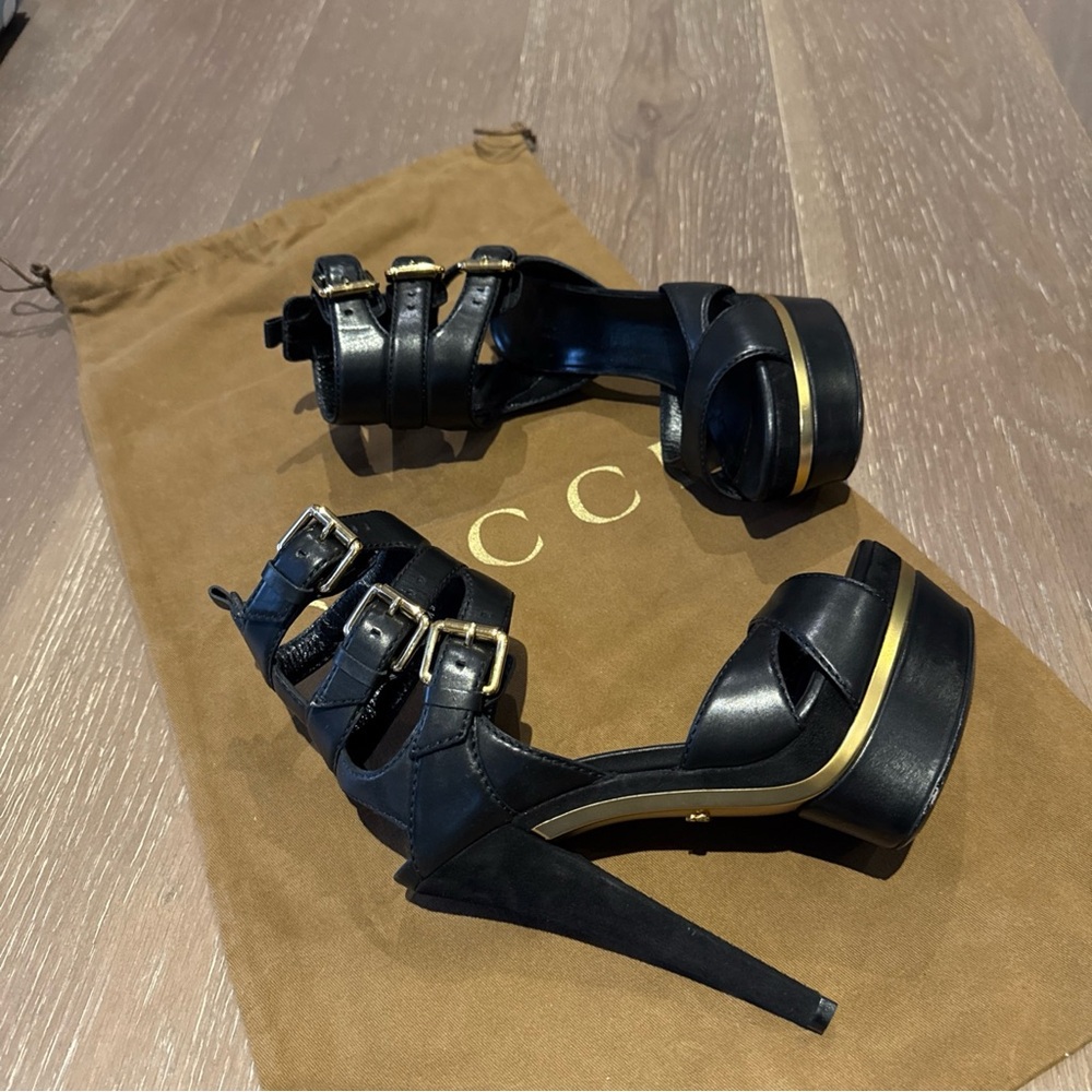 100% Authentic Gucci Iman Ankle Strap Leather Suede High Platform Heels Sz 36 - Picture 3 of 14